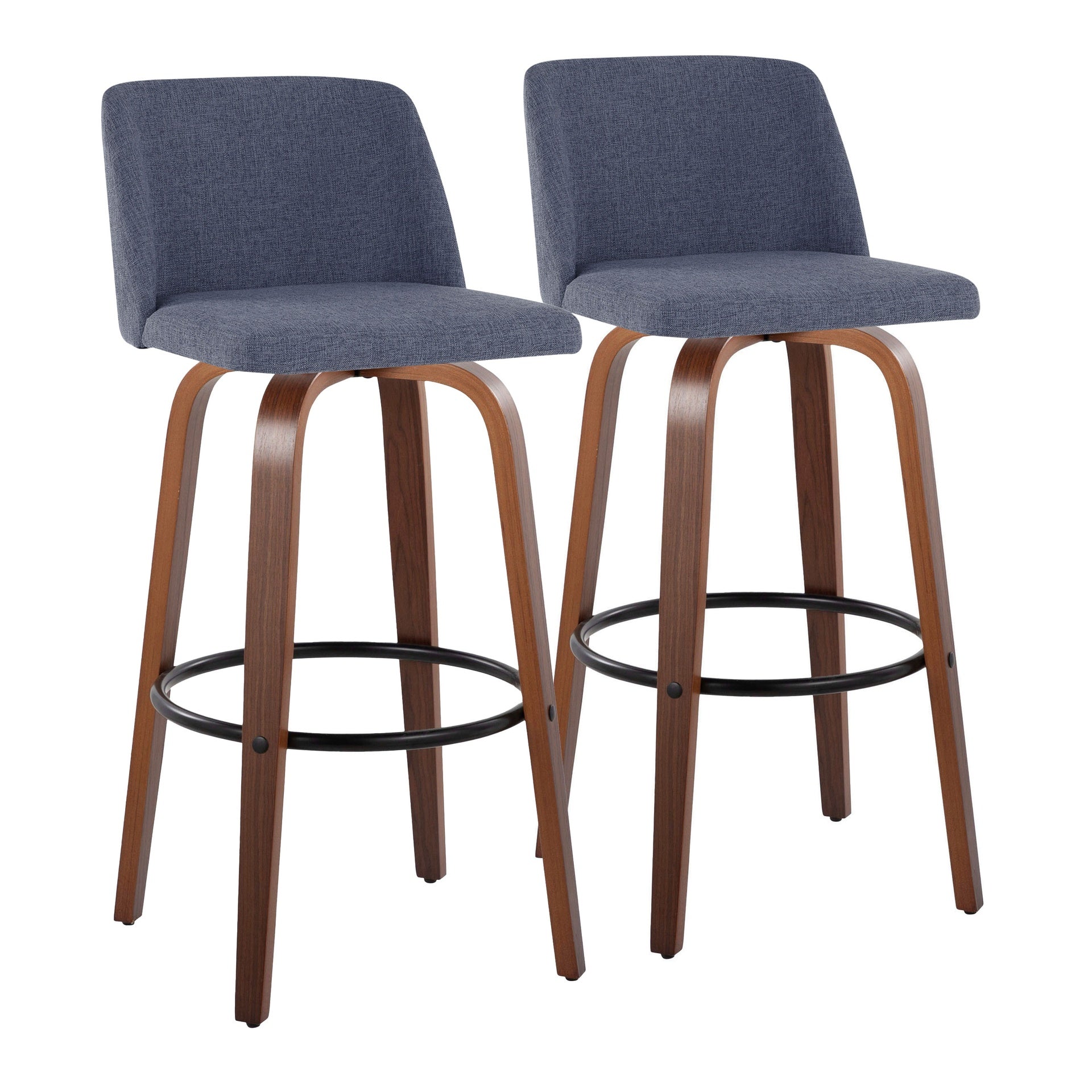 Toriano 30" Mid-Century Modern Fixed-Height Barstool with Swivel in Walnut Wood and Blue Fabric with Round Black Metal Footrest by LumiSource - Set of 2