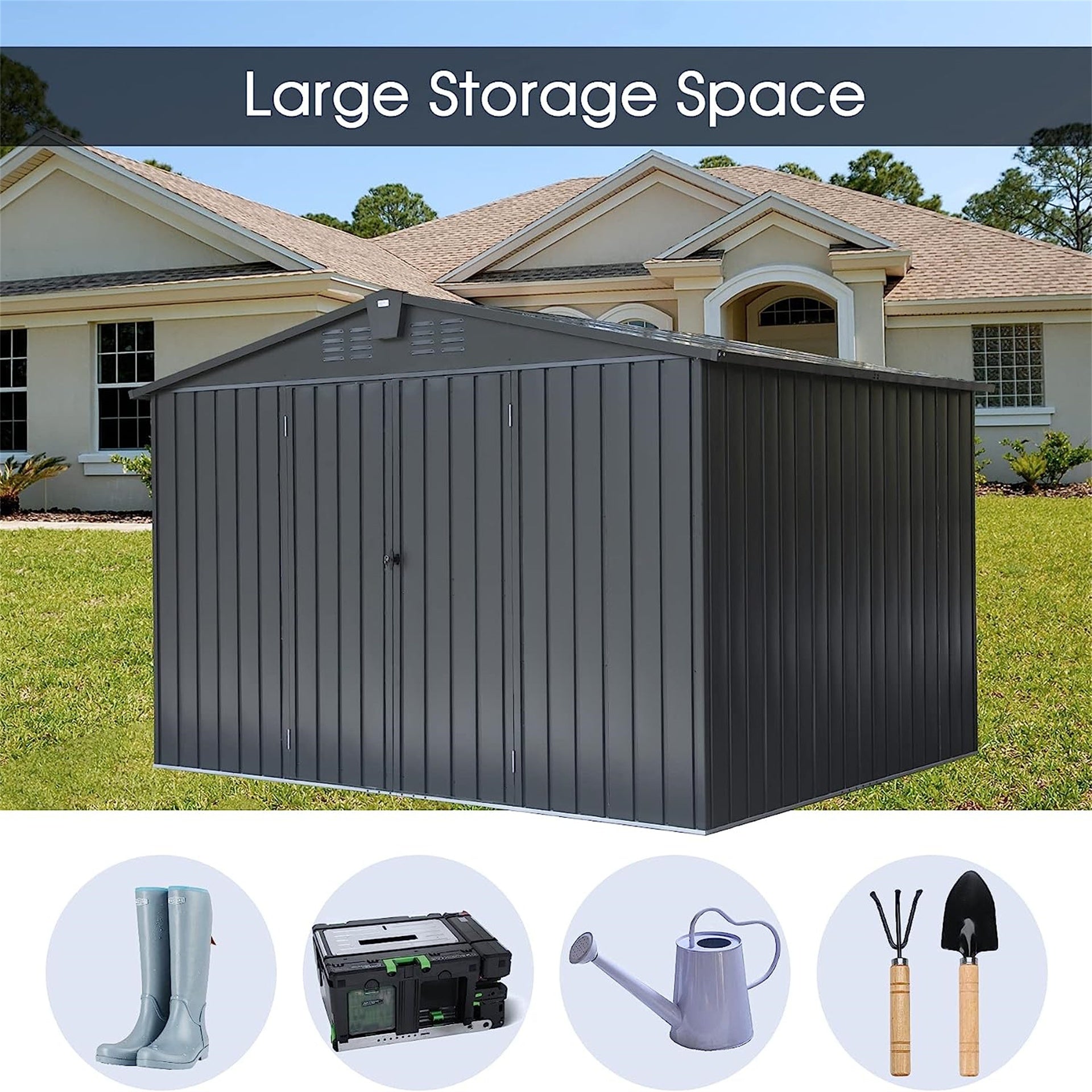 Outdoor Storage Shed 10'x 8', Metal Garden Shed for Bike, Trash Can, Tools, Galvanized Steel Outdoor Storage Cabinet with Lockable Door for Backyard, Patio, Lawn (10x8ft, Dark Gray)