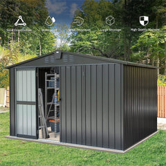 Outdoor Storage Shed 10'x 8', Metal Garden Shed for Bike, Trash Can, Tools, Galvanized Steel Outdoor Storage Cabinet with Lockable Door for Backyard, Patio, Lawn (10x8ft, Dark Gray)