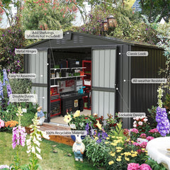 Outdoor Storage Shed 10'x 8', Metal Garden Shed for Bike, Trash Can, Tools, Galvanized Steel Outdoor Storage Cabinet with Lockable Door for Backyard, Patio, Lawn (10x8ft, Dark Gray)