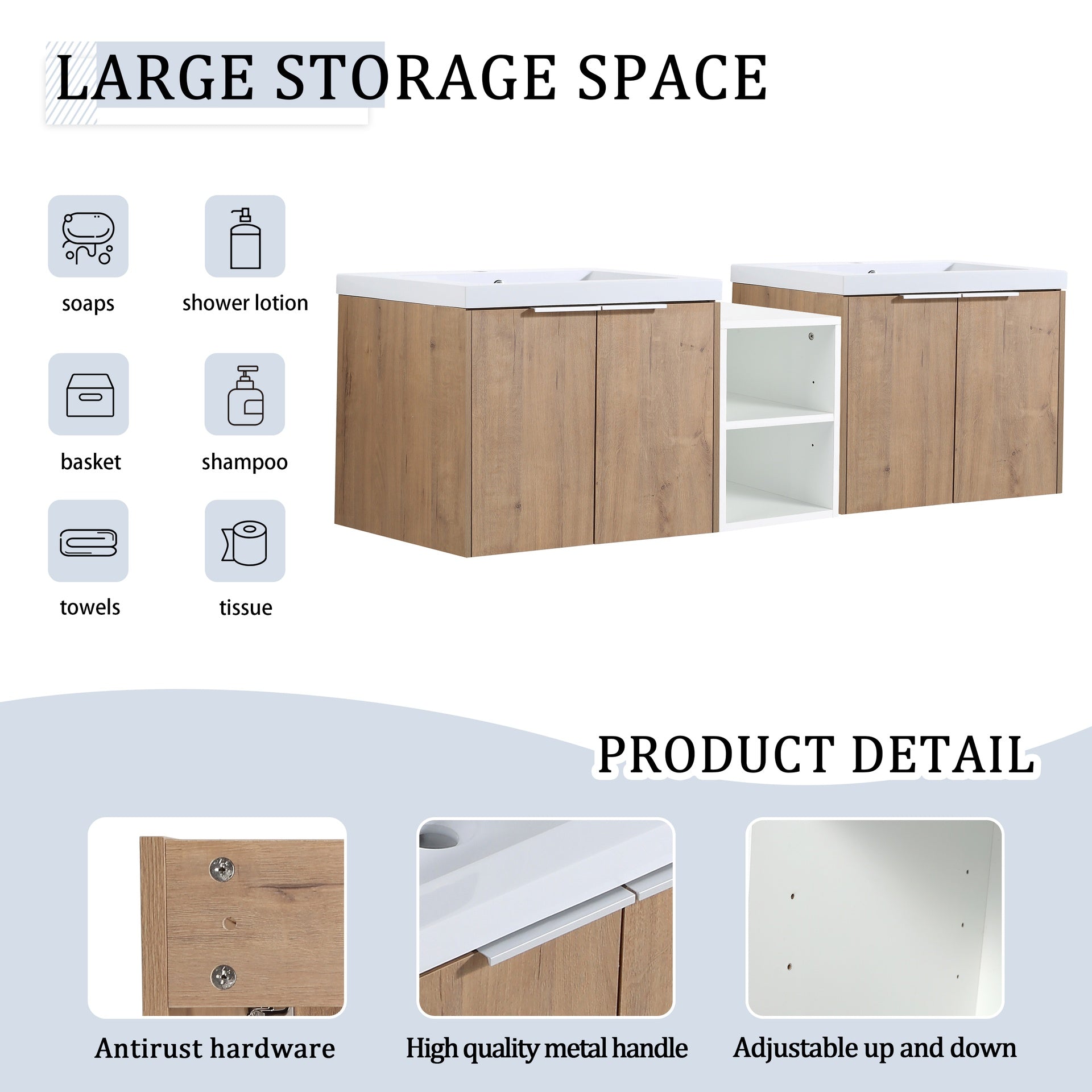 60 Inch Soft Close Doors Bathroom Vanity With Sink, A Small Storage Shelves, 24" and 12" Combination Cabinet,(KD-Packing)