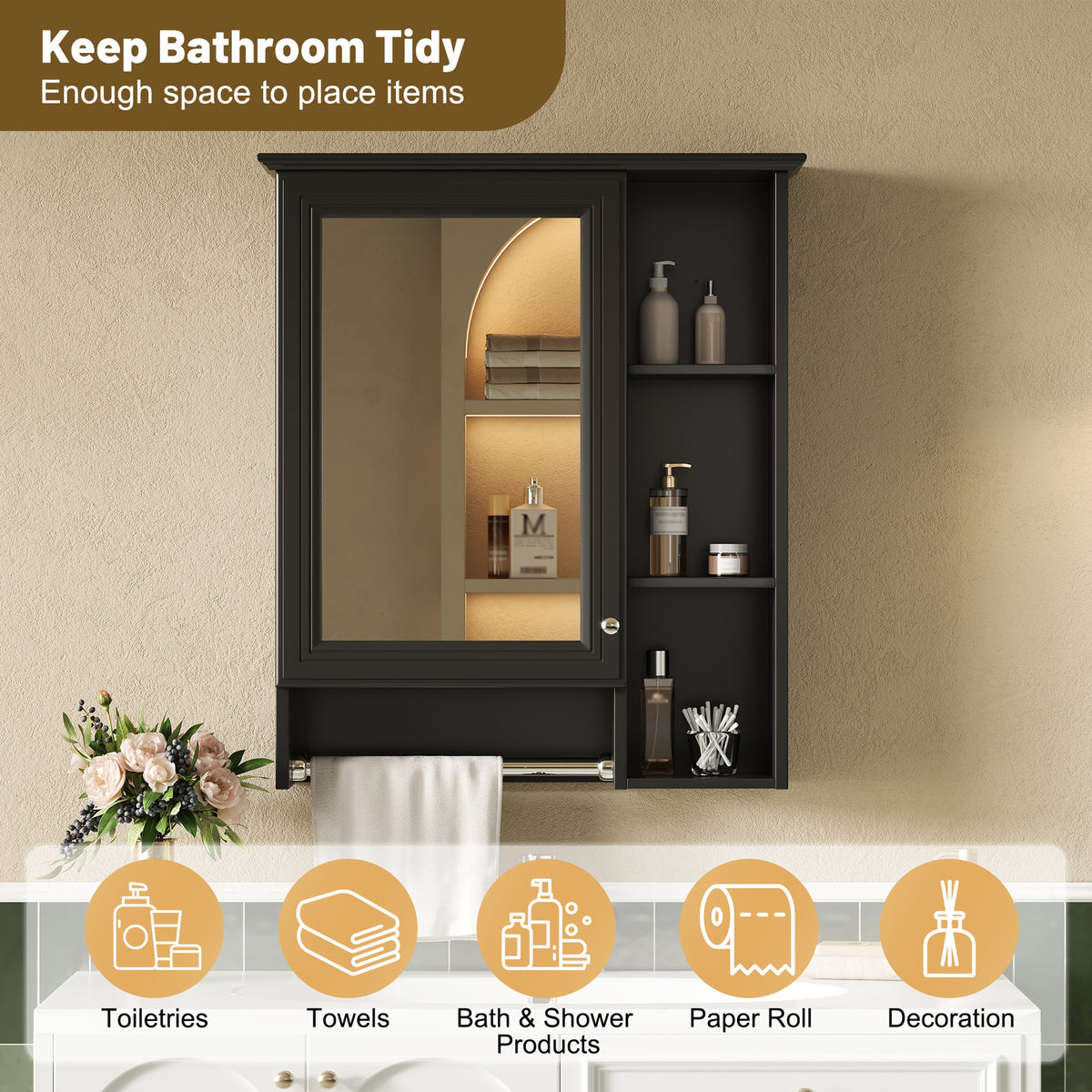3-in-1 Bathroom Mirror Cabinet, 24-inch Wall Mounted Medicine Cabinet with Adjustable Shelf & Tower Bar, High-Definition Mirror with Storage for Bathroom Vanity