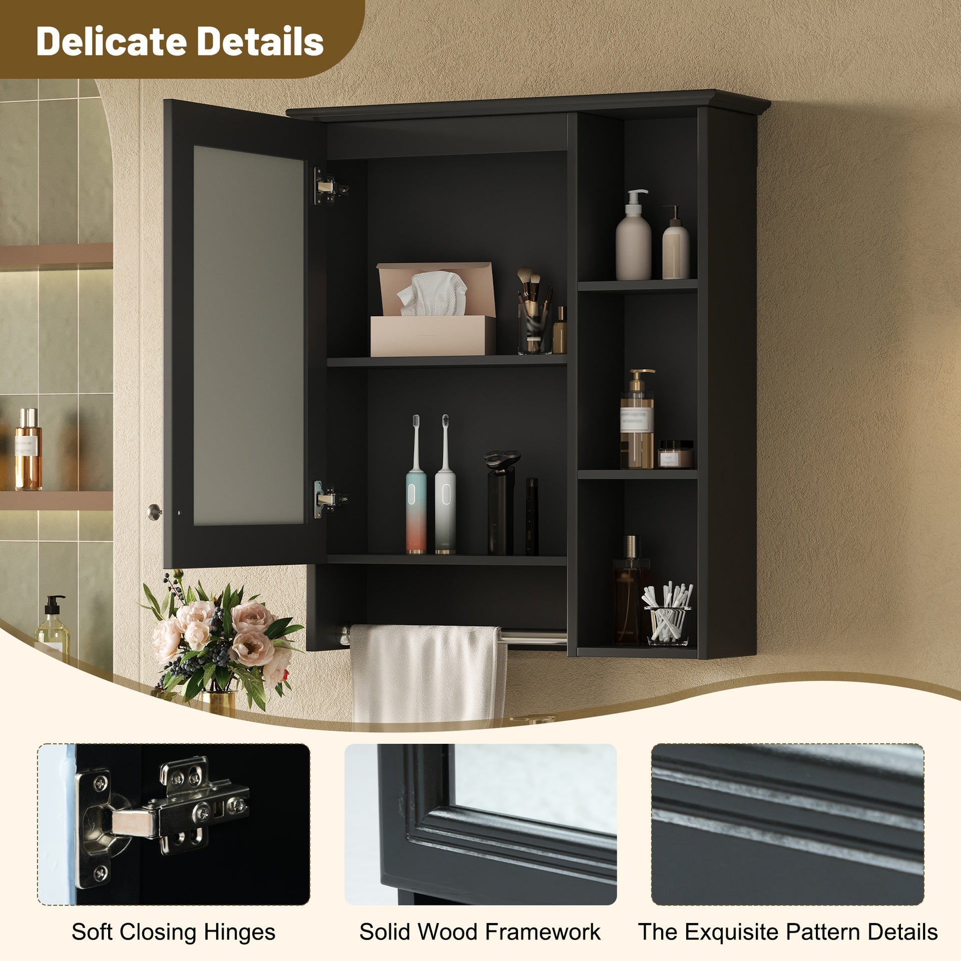 3-in-1 Bathroom Mirror Cabinet, 24-inch Wall Mounted Medicine Cabinet with Adjustable Shelf & Tower Bar, High-Definition Mirror with Storage for Bathroom Vanity