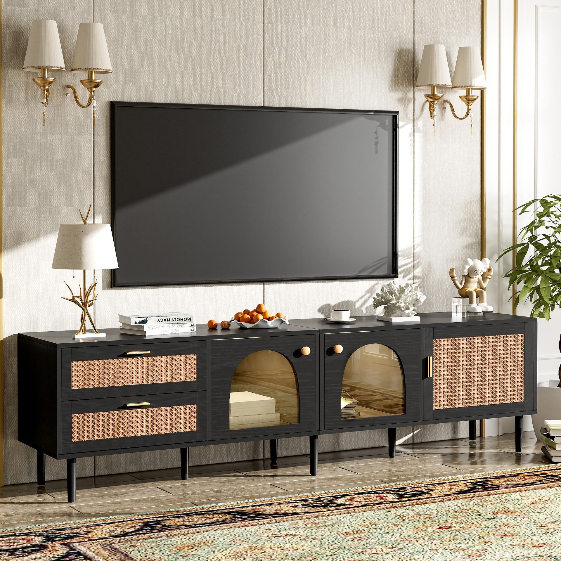Rattan TV Stand with 3 Cabinets & 2 Drawers, Rattan-inspired Media Console Table for TVs up to 80'', LED Light Entertainment Center, TV cabinet for Living room, Bedroom, Home Theatre