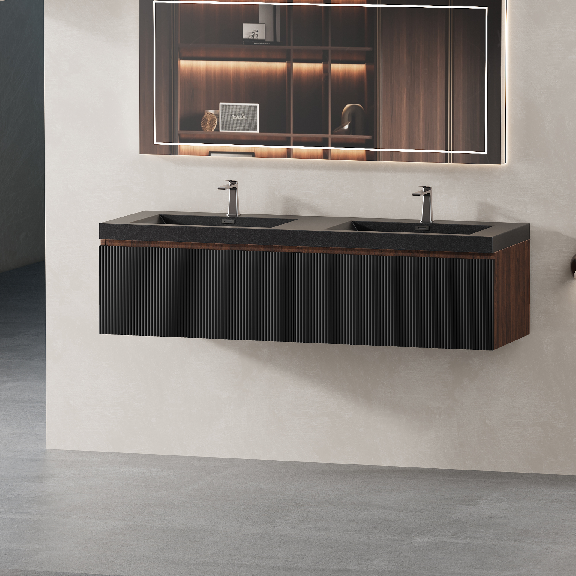 60'' Floating Bathroom Vanity with Sink Wall-Mounted Striped Bathroom Storage Cabinet with Soft-Close Drawer and Double Quartz Sand Basins, Fully Assembled Smoked Walnut GF-24V16-60WAB-W1573P265203