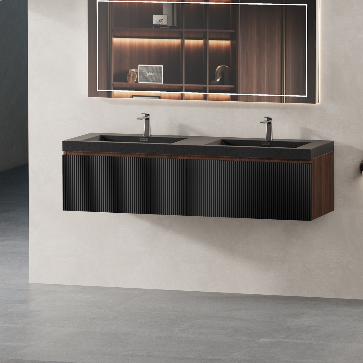 60'' Floating Bathroom Vanity with Sink Wall-Mounted Striped Bathroom Storage Cabinet with Soft-Close Drawer and Double Quartz Sand Basins, Fully Assembled Smoked Walnut GF-24V16-60WAB-W1573P265203