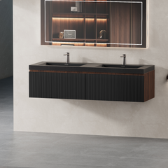 60'' Floating Bathroom Vanity with Sink Wall-Mounted Striped Bathroom Storage Cabinet with Soft-Close Drawer and Double Quartz Sand Basins, Fully Assembled Smoked Walnut GF-24V16-60WAB-W1573P265203