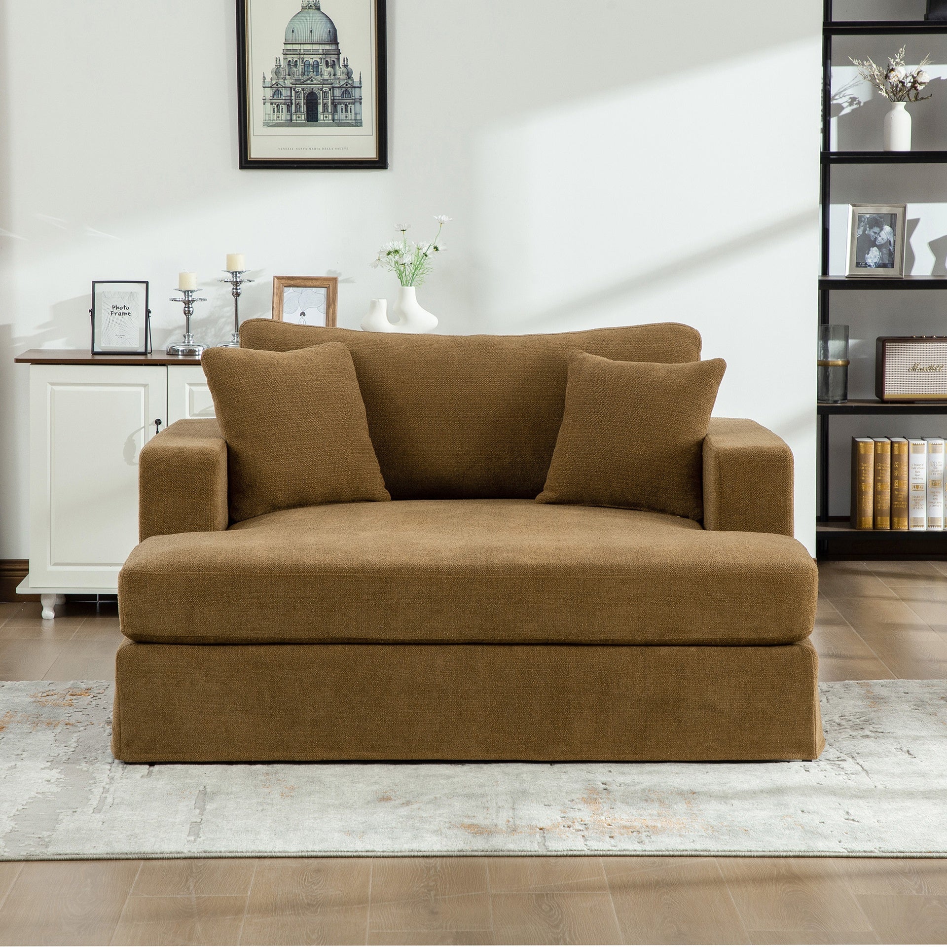 56.3" Wide Extra-Large Sofa Bed, Chenille Linen Fabric, Sturdy Metal Legs, Strong Load-Bearing Capacity, Suitable For Living Rooms, Bedrooms, And Apartments.Brown