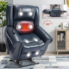 Power Lift Recliner Chair Heat Massage Dual Motor Infinite Position Up to 350 LBS, Genuine Leather, Heavy Duty Motion Mechanism with USB Ports, Blue