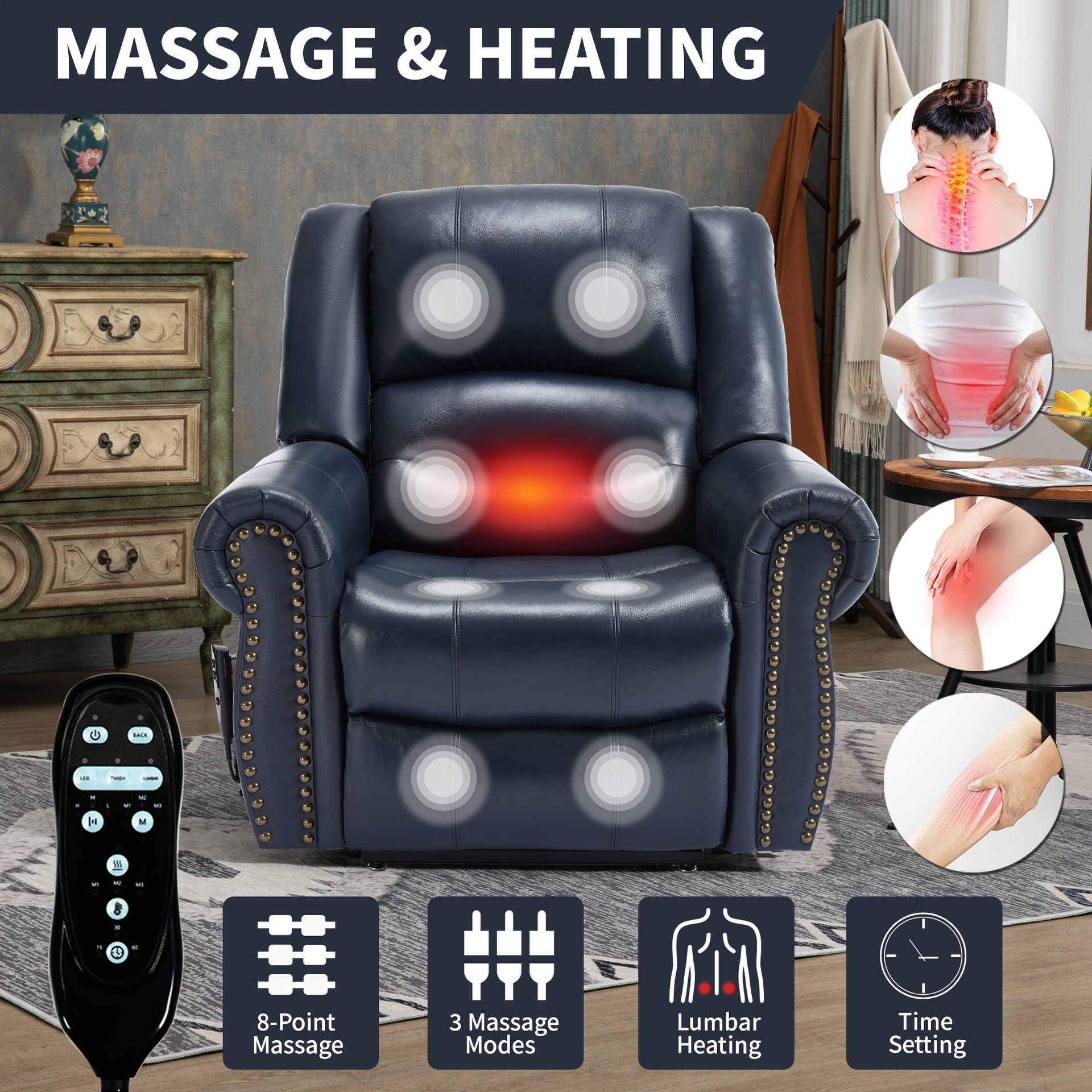 Power Lift Recliner Chair Heat Massage Dual Motor Infinite Position Up to 350 LBS, Genuine Leather, Heavy Duty Motion Mechanism with USB Ports, Blue