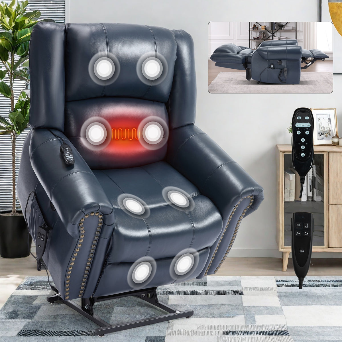 Power Lift Recliner Chair Heat Massage Dual Motor Infinite Position Up to 350 LBS, Genuine Leather, Heavy Duty Motion Mechanism with USB Ports, Blue