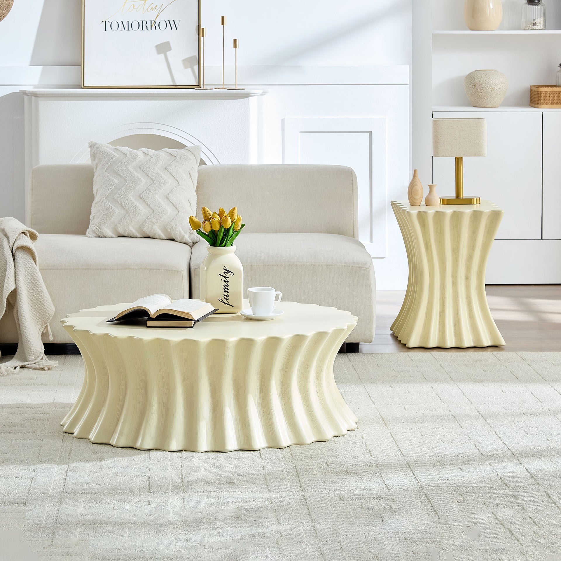 Set of 35.04''+15.16'' Coffee Table Vintage Sturdy Fiberglass Table For Living Room Apartment No Need Assembly Beige
