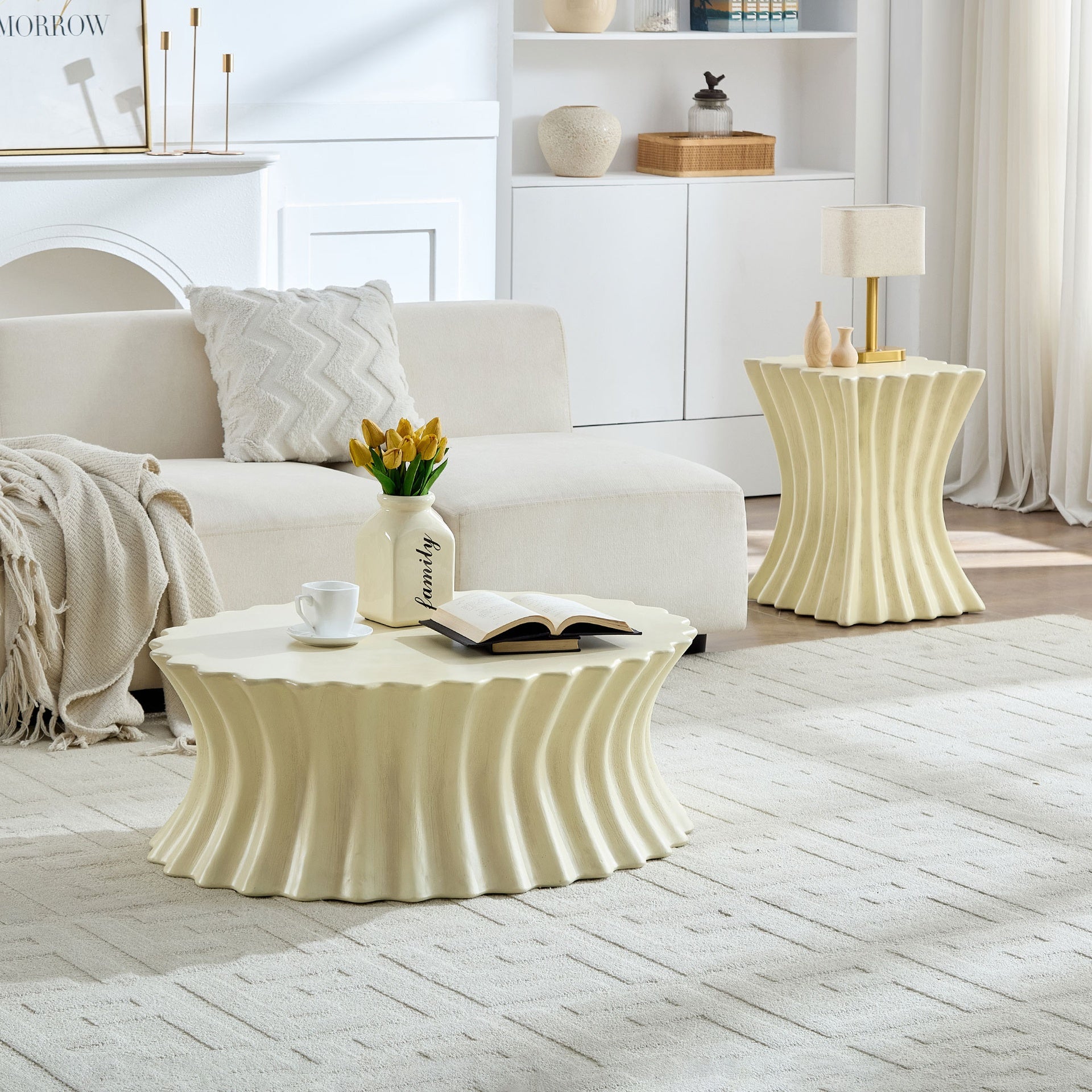 Set of 35.04''+15.16'' Coffee Table Vintage Sturdy Fiberglass Table For Living Room Apartment No Need Assembly Beige