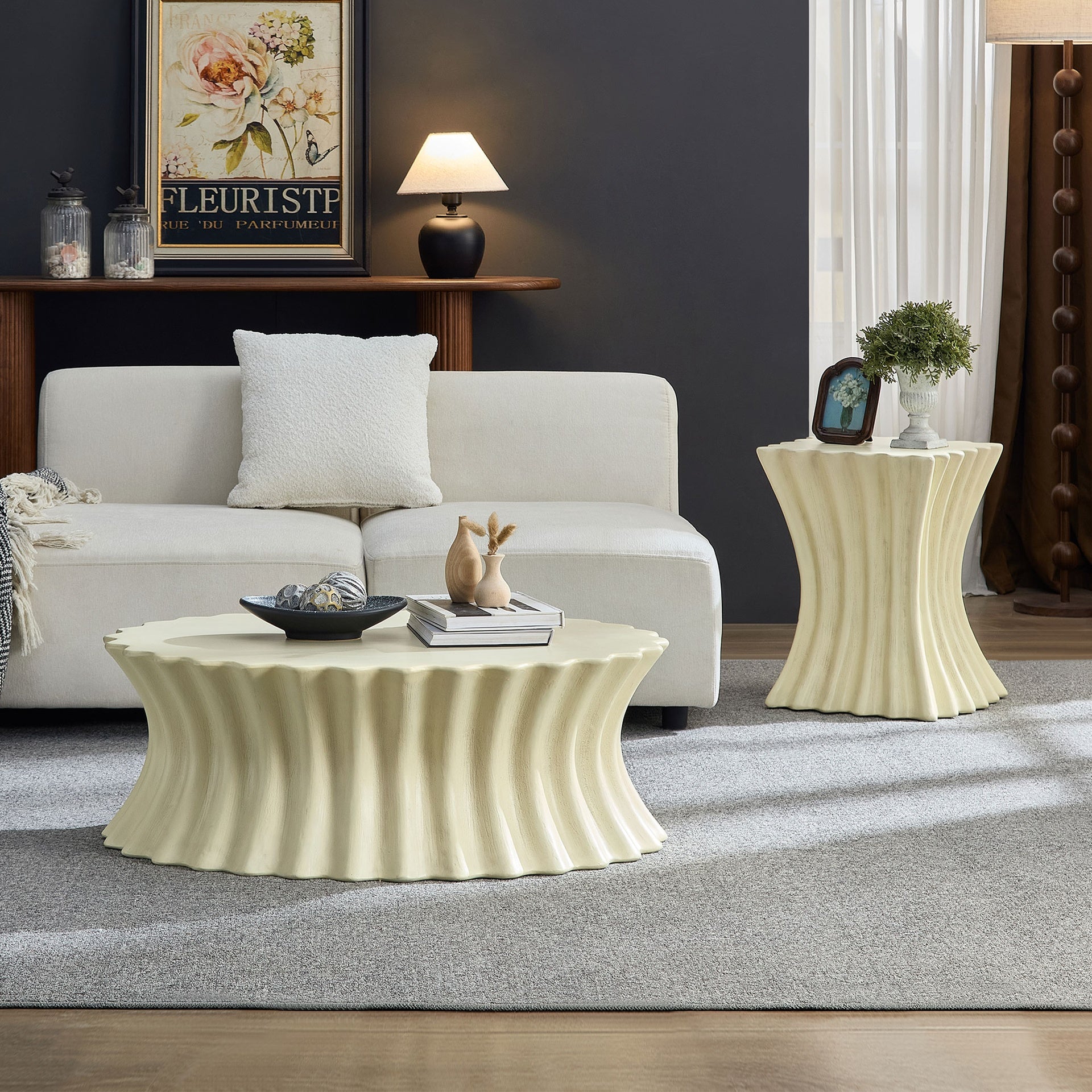 Set of 35.04''+15.16'' Coffee Table Vintage Sturdy Fiberglass Table For Living Room Apartment No Need Assembly Beige