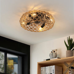 Ceiling-mounted Jute Rope Fan Light Strip with 4 Bulbs, Dimmable, 7 Dlades, Reversible DC Motor