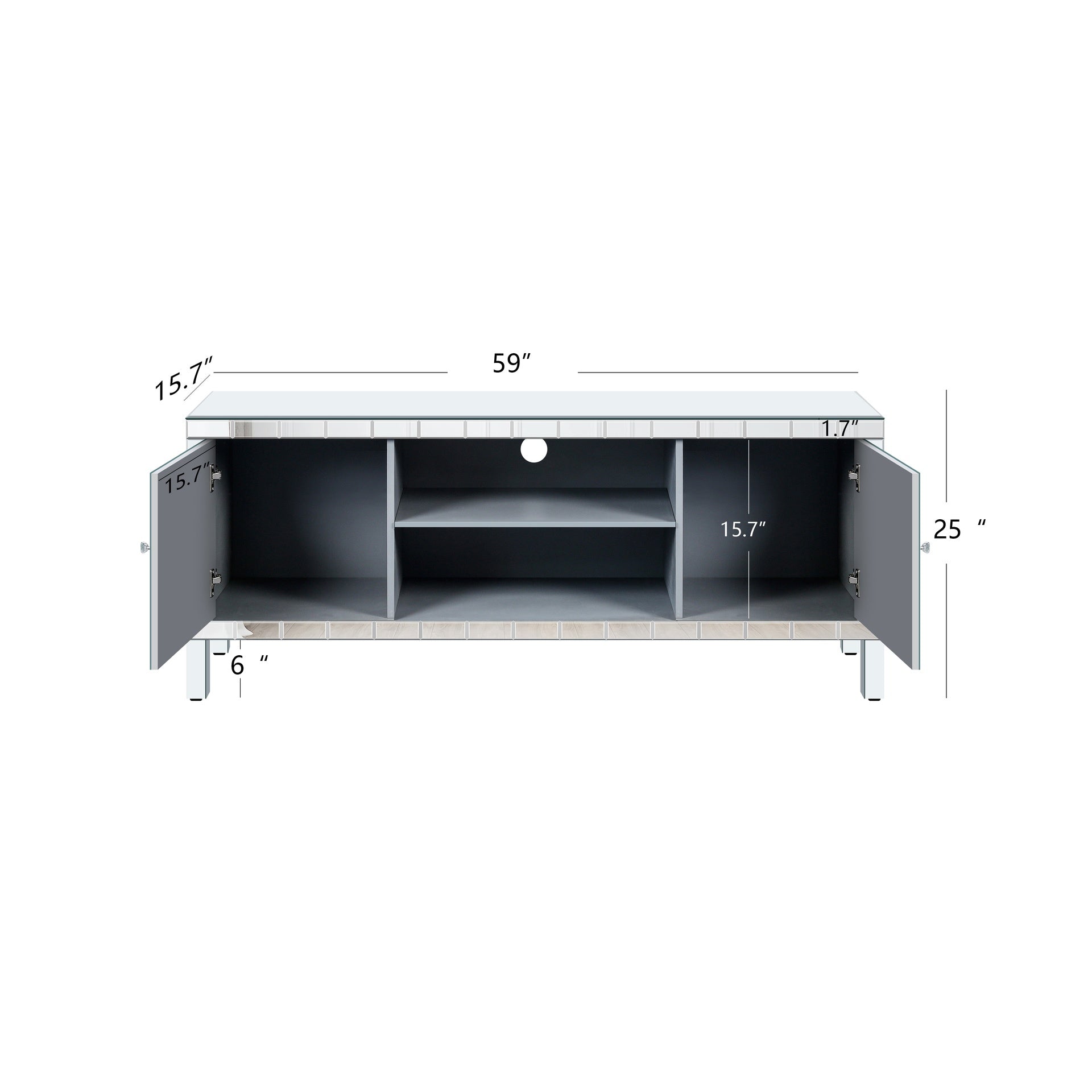 Mirrored TV Stand for 65+ inch TV,Sliver TV Console Table with Open Storage & 2 Storage Cabinets ,M Shape Sparkling Mirror Doors for Living Room(59''W x 25.2''H x 15.7D)