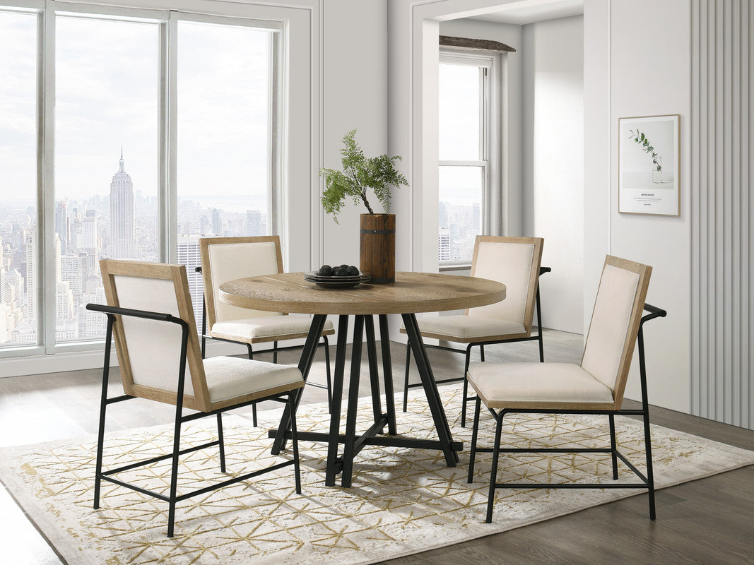 Tiziano Oak Finish 47" Round Dining Table Set with Cream Color Upholstered Chairs