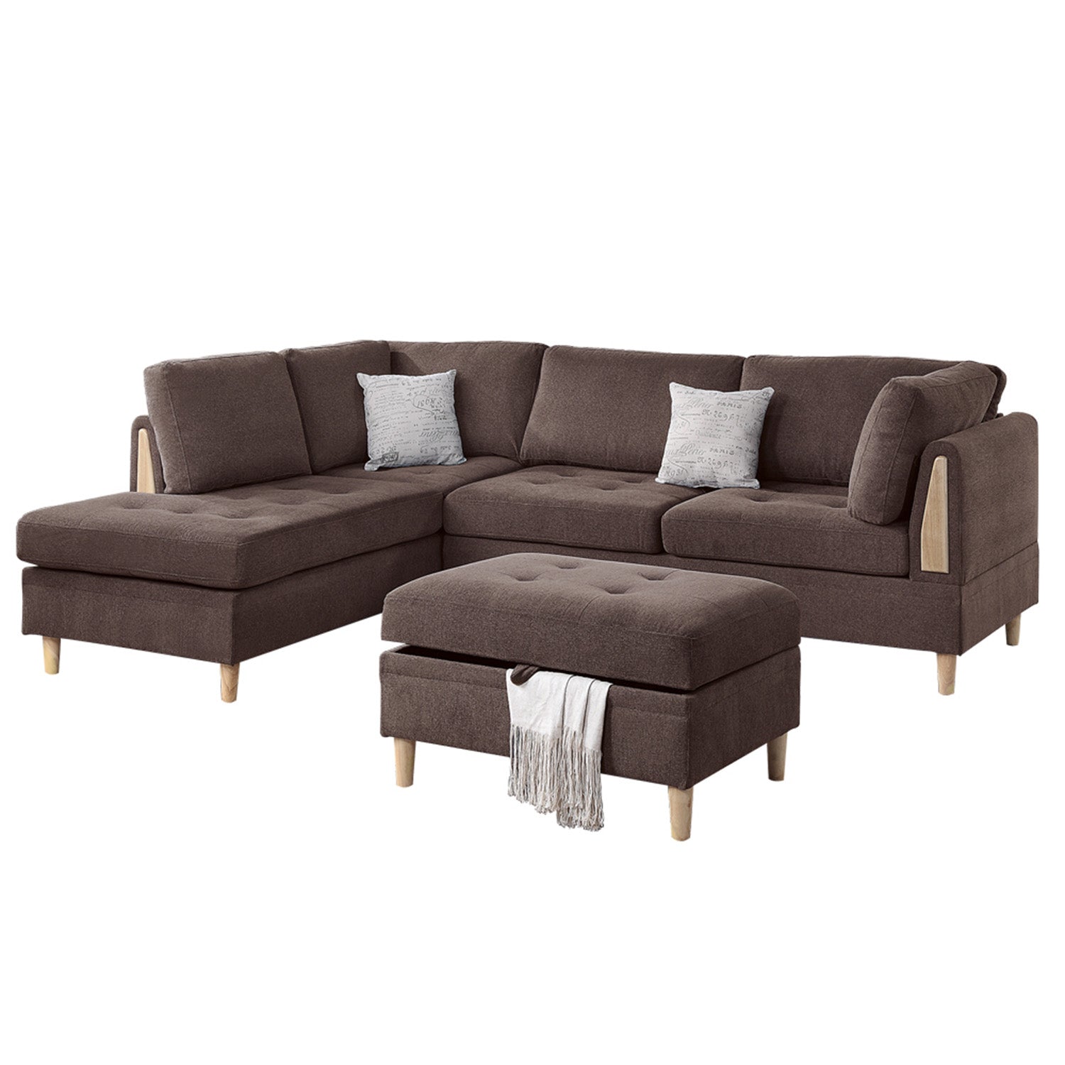 3 Piece Sectional Set with Ottoman Upholstered in Chenille Color Chocolate