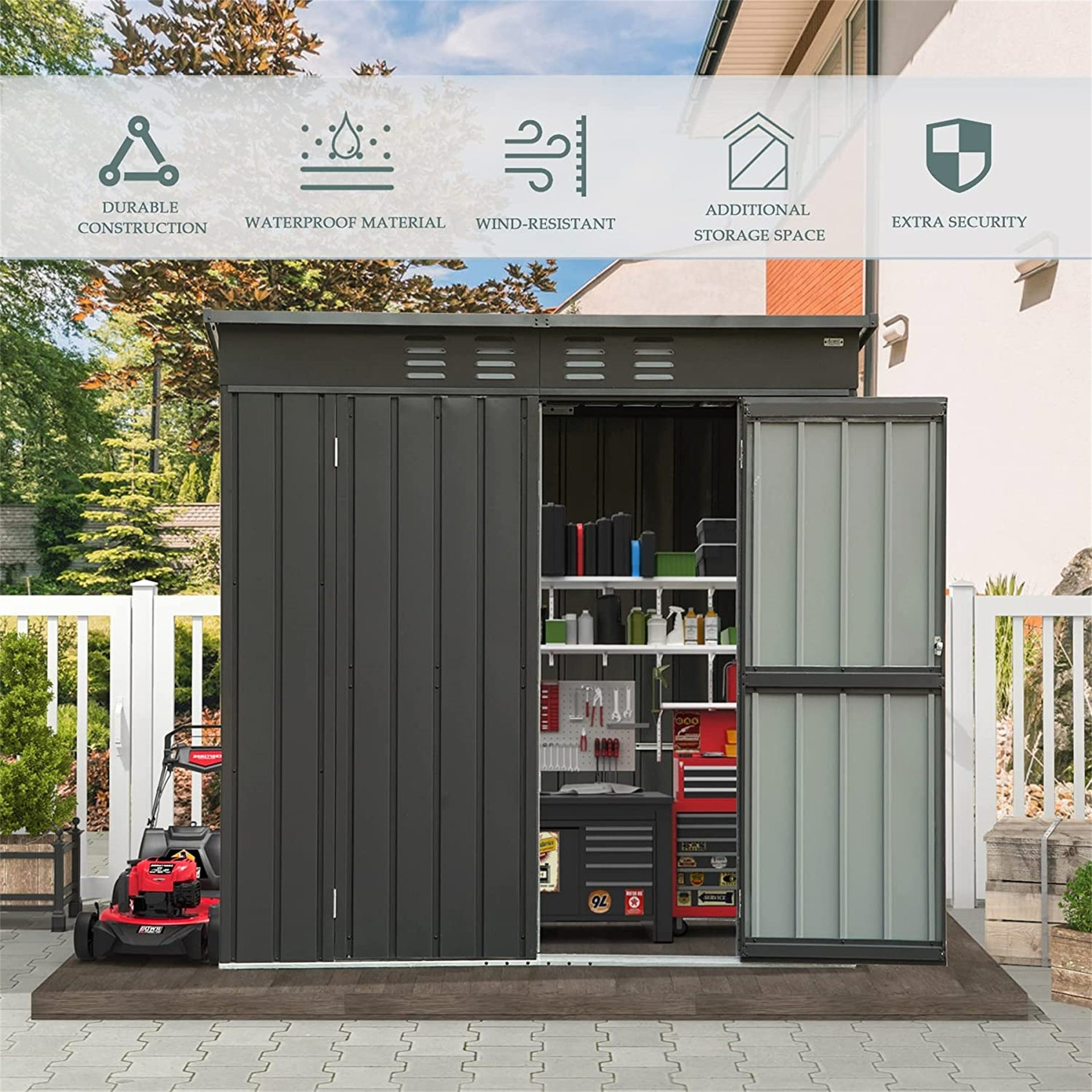 Backyard Storage Shed with Sloping Roof Galvanized Steel Frame Outdoor Garden Shed Metal Utility Tool Storage Room with Latches and Lockable Door (6x4ft, Dark Gray)