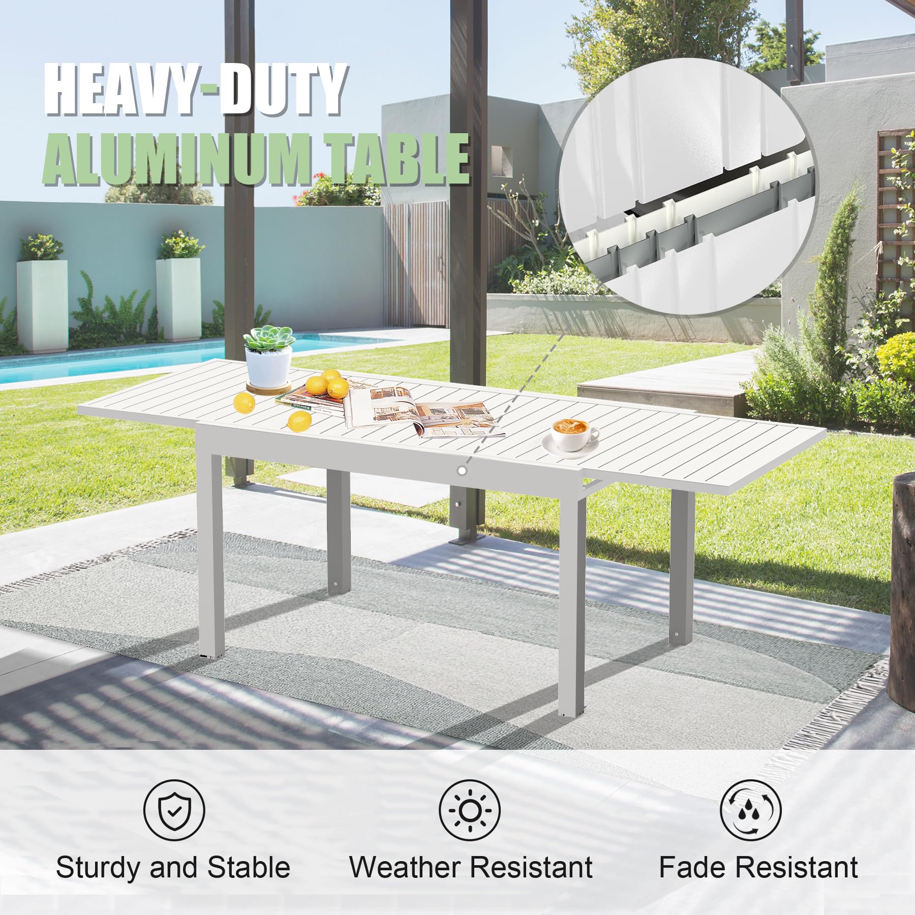 Aluminum Patio Extendable Dining Table 35"- 71", Adjustable Indoor Outdoor Patio Dining Table with E-Coating for 4-6 Person Garden Lawn Porch Bistro Furniture, Elegant Ivory White