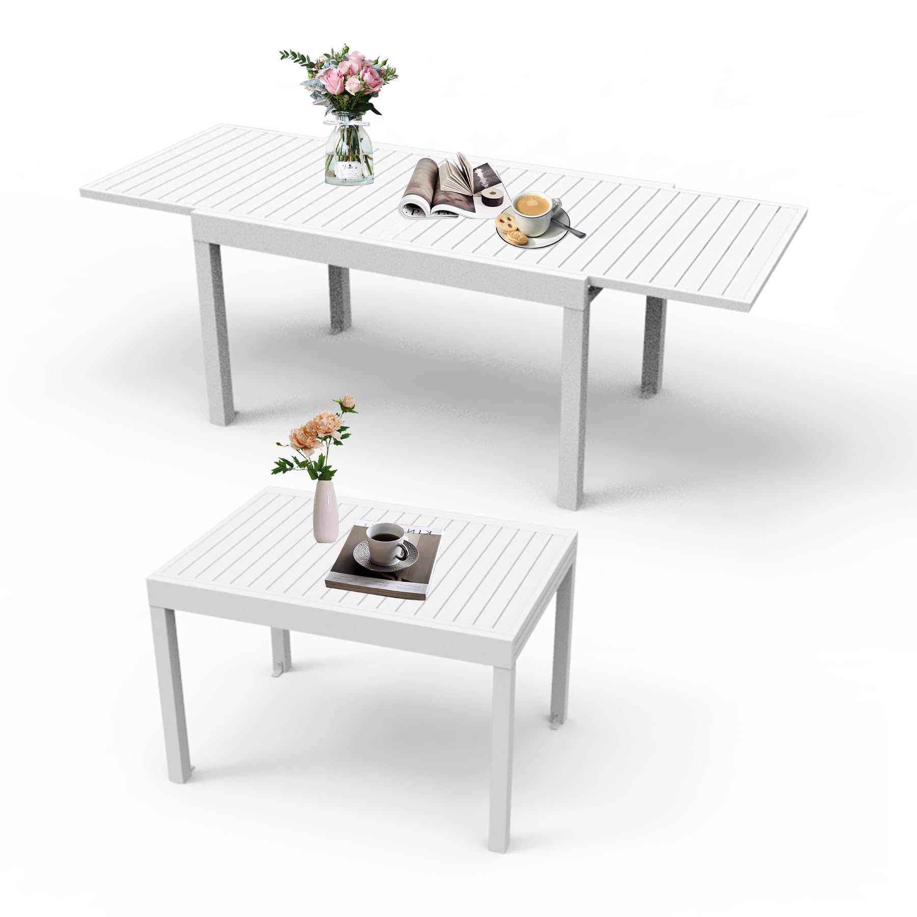 Aluminum Patio Extendable Dining Table 35"- 71", Adjustable Indoor Outdoor Patio Dining Table with E-Coating for 4-6 Person Garden Lawn Porch Bistro Furniture, Elegant Ivory White