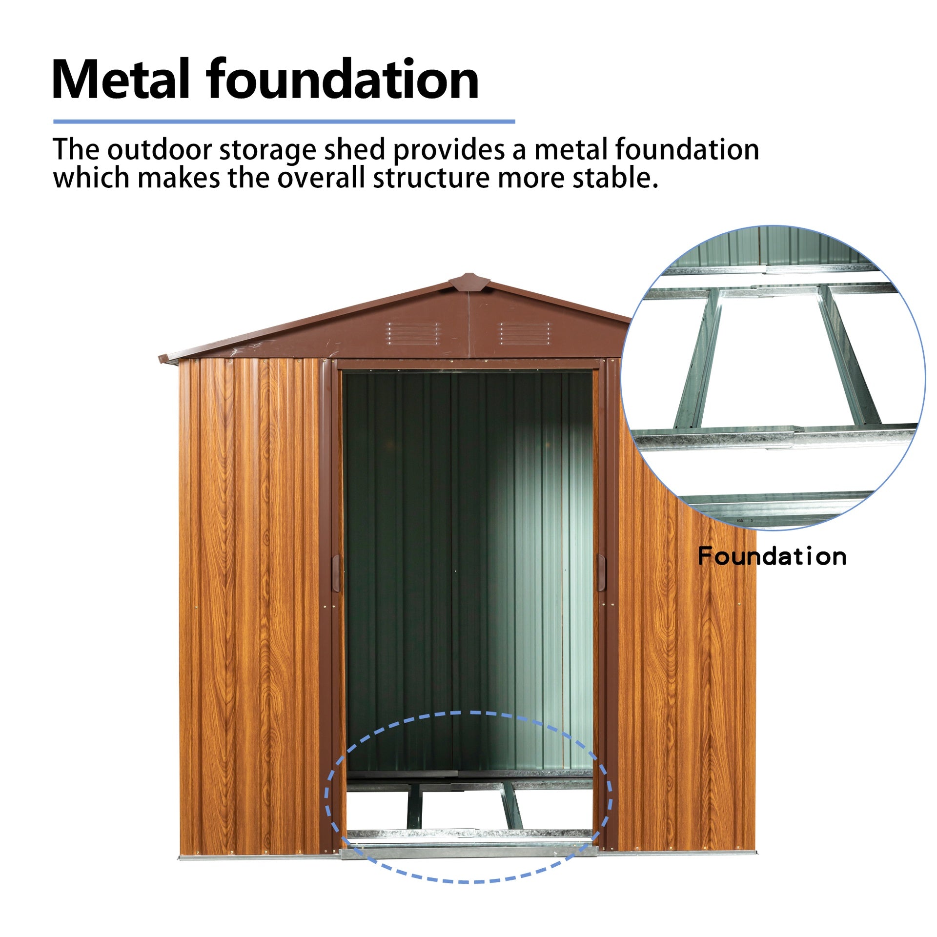 6 Ft. W X 6 Ft. D Metal Storage Shed Appealing horizontal siding  in woodgrain with coffee trim to complement