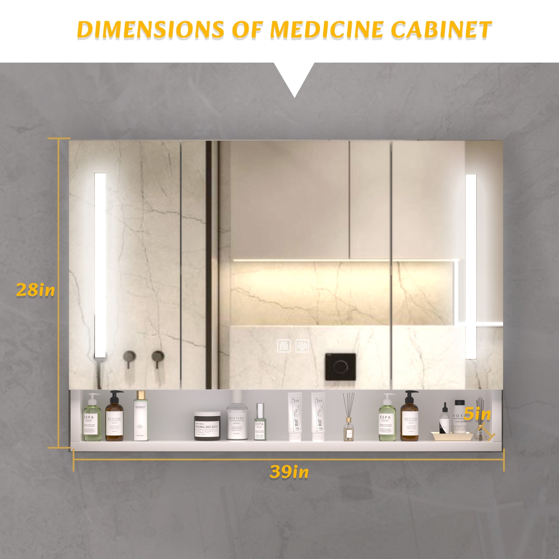 Modern 39x28 inches Aluminium Bathroom Cabinets, Medicine Cabinets with Mirrors and LED Lights, Bathroom Storage Cabinet with Multilevel Storage Compartments