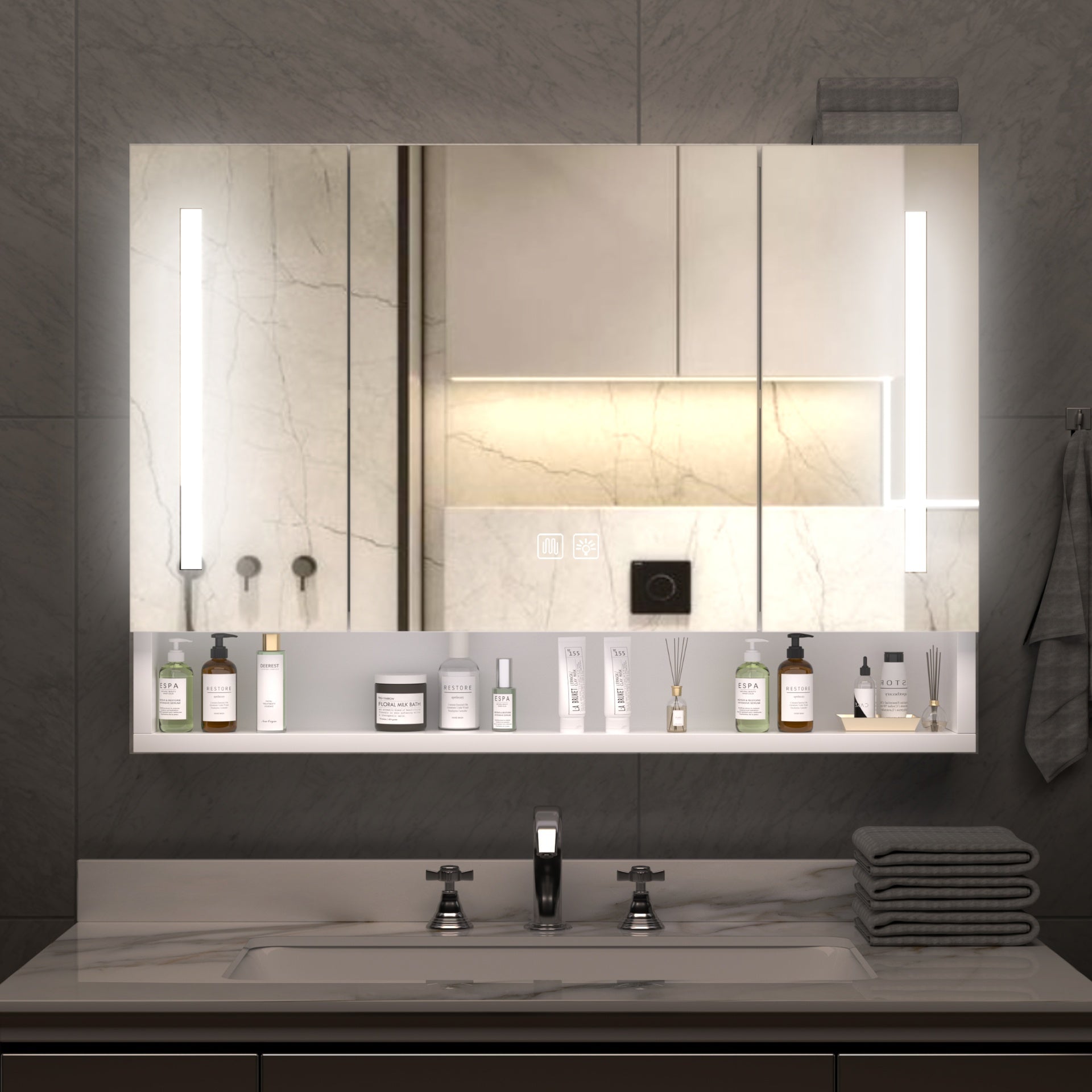Modern 39x28 inches Aluminium Bathroom Cabinets, Medicine Cabinets with Mirrors and LED Lights, Bathroom Storage Cabinet with Multilevel Storage Compartments