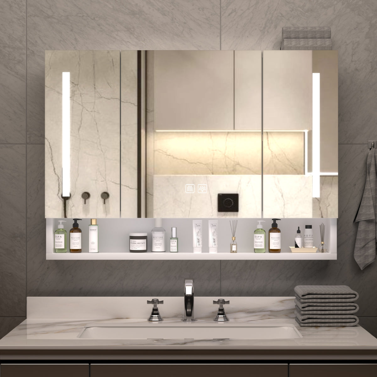 Modern 39x28 inches Aluminium Bathroom Cabinets, Medicine Cabinets with Mirrors and LED Lights, Bathroom Storage Cabinet with Multilevel Storage Compartments