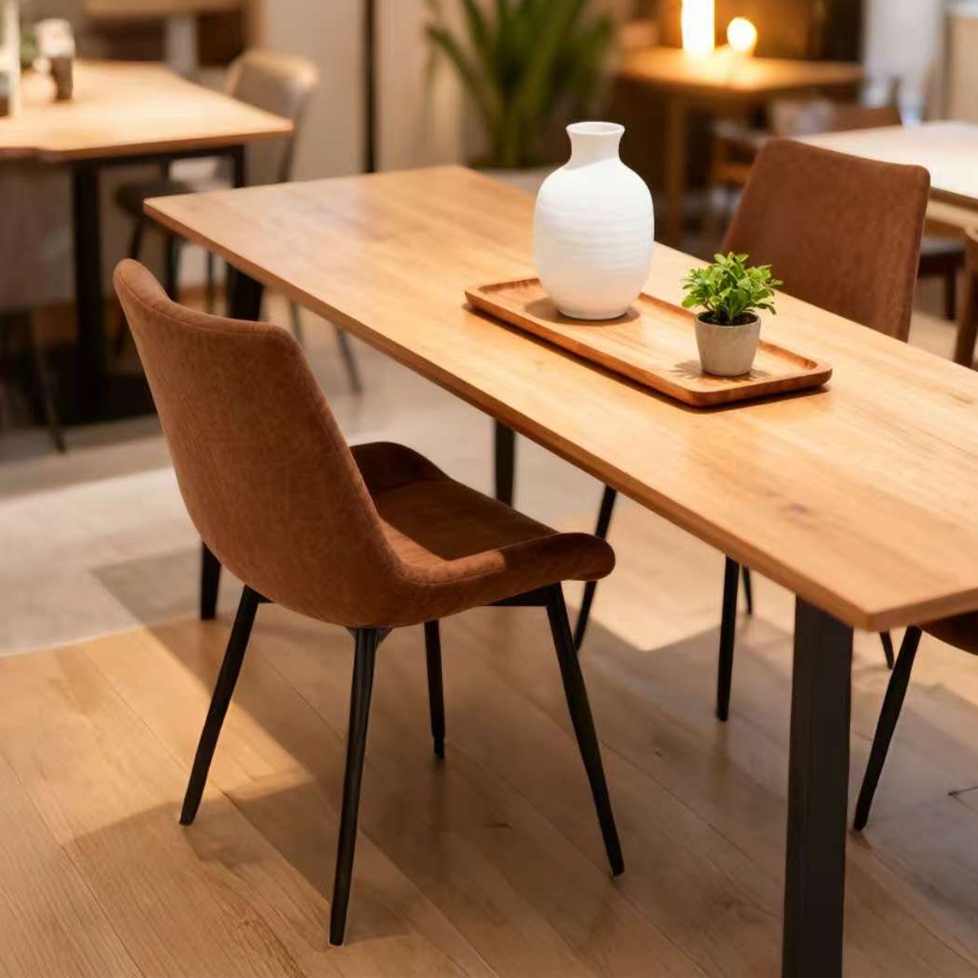 Modern Dining Chairs Set of 4, Upholstered Faux Leather Cushion Seat and Sturdy Metal Legs (4 Brown Chairs)
