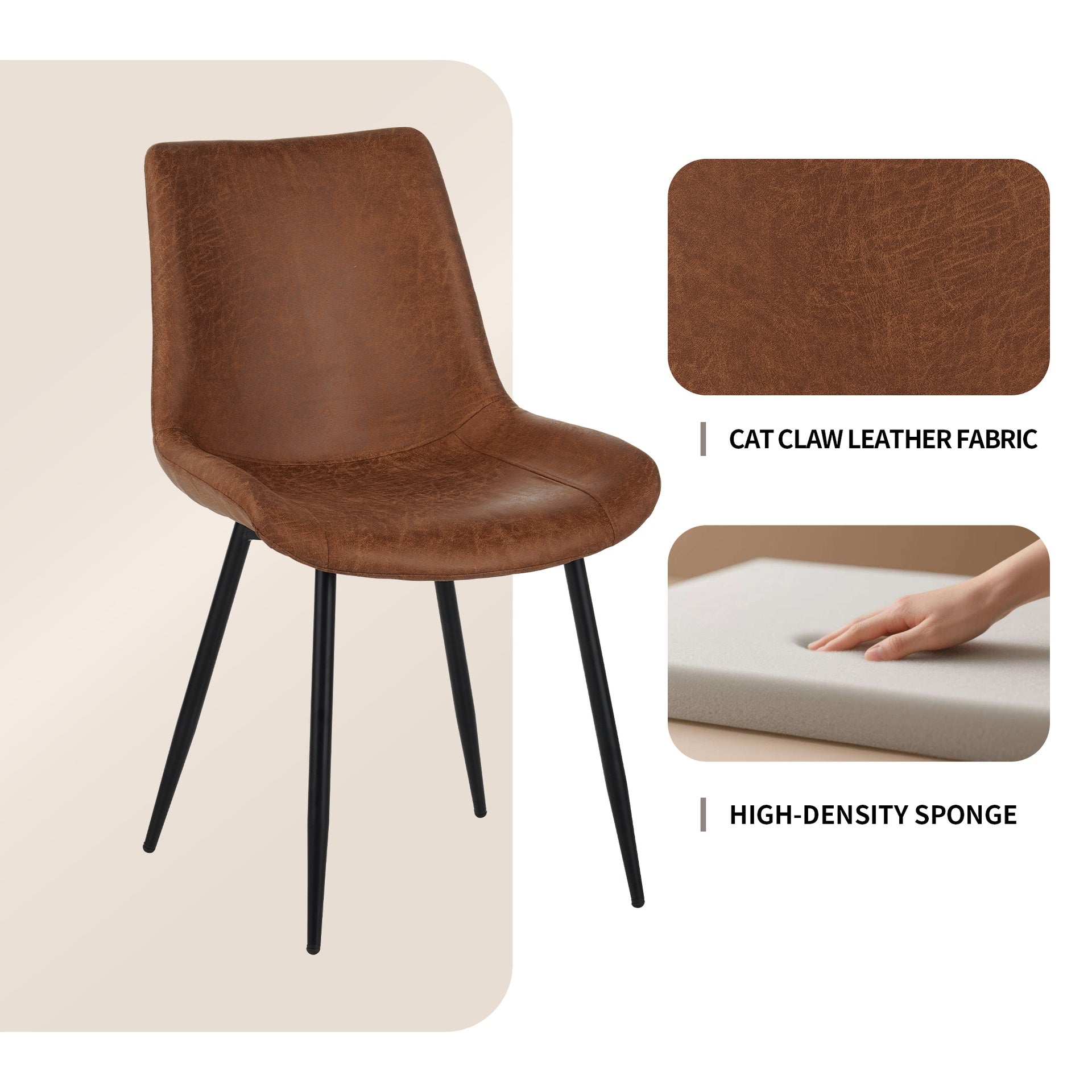 Modern Dining Chairs Set of 4, Upholstered Faux Leather Cushion Seat and Sturdy Metal Legs (4 Brown Chairs)