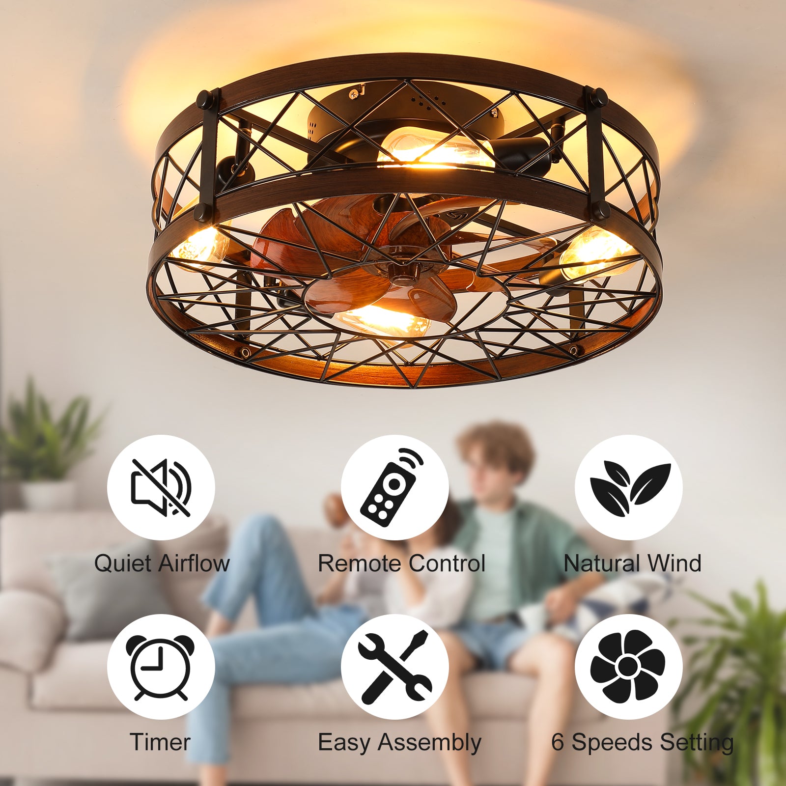 Caged Ceiling Fans with Lights Black, 20 inch Flush Mount Ceiling Fan Light, Farmhouse Small Ceiling Fan with Light Fixture, Reversible Fan for Bedroom (Including E26 bulbs)