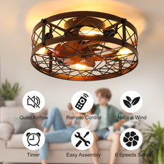 Caged Ceiling Fans with Lights Black, 20 inch Flush Mount Ceiling Fan Light, Farmhouse Small Ceiling Fan with Light Fixture, Reversible Fan for Bedroom (Including E26 bulbs)