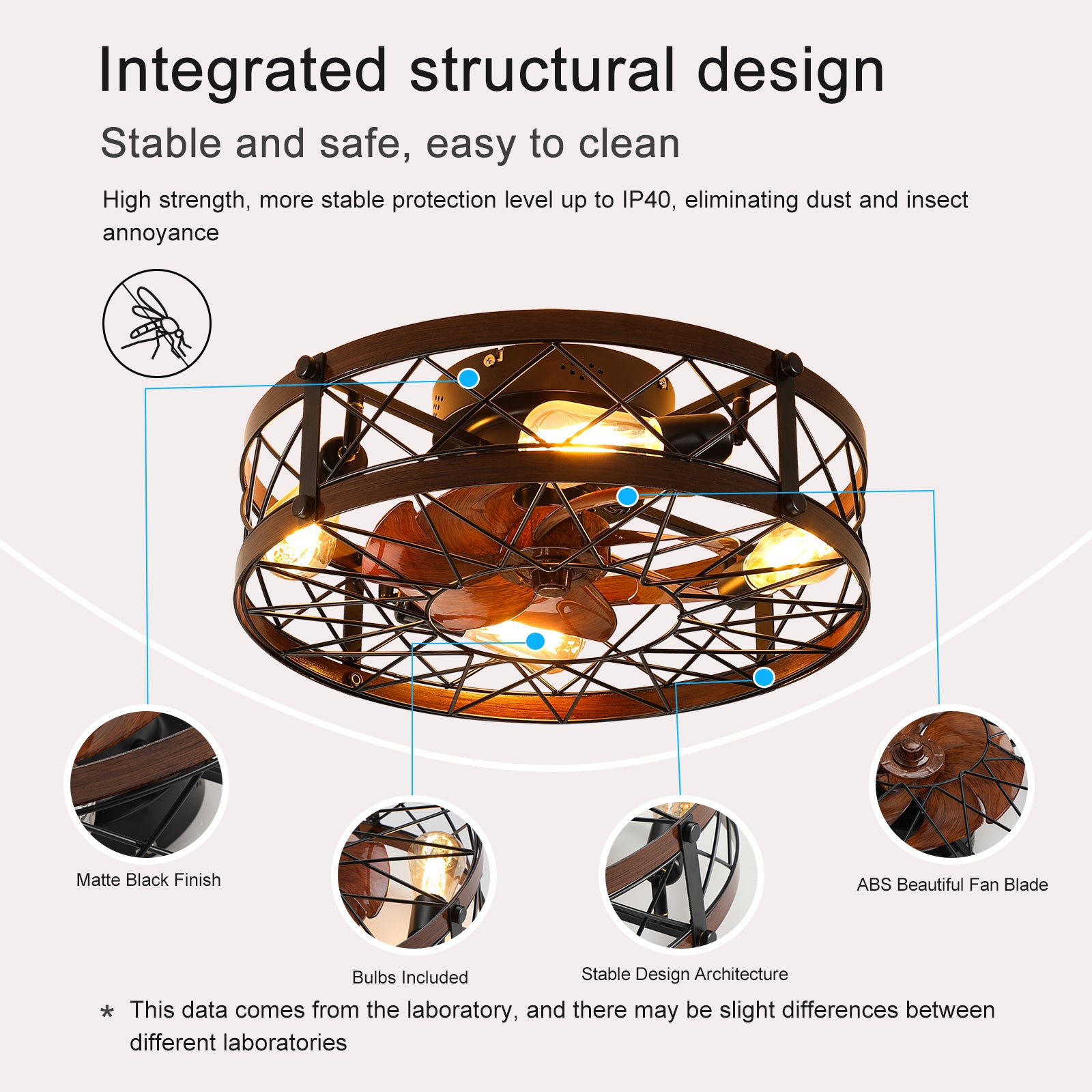 Caged Ceiling Fans with Lights Black, 20 inch Flush Mount Ceiling Fan Light, Farmhouse Small Ceiling Fan with Light Fixture, Reversible Fan for Bedroom (Including E26 bulbs)