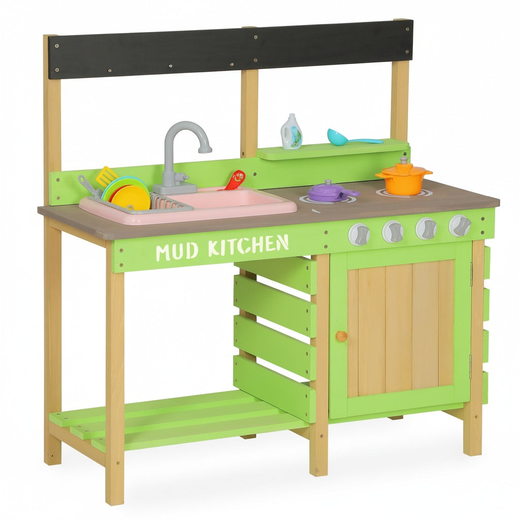 Kids Play Kitchen, Wood Mud Kitchen with Water Play Set & Cooking Toys for Outdoor, Gift for 3~8