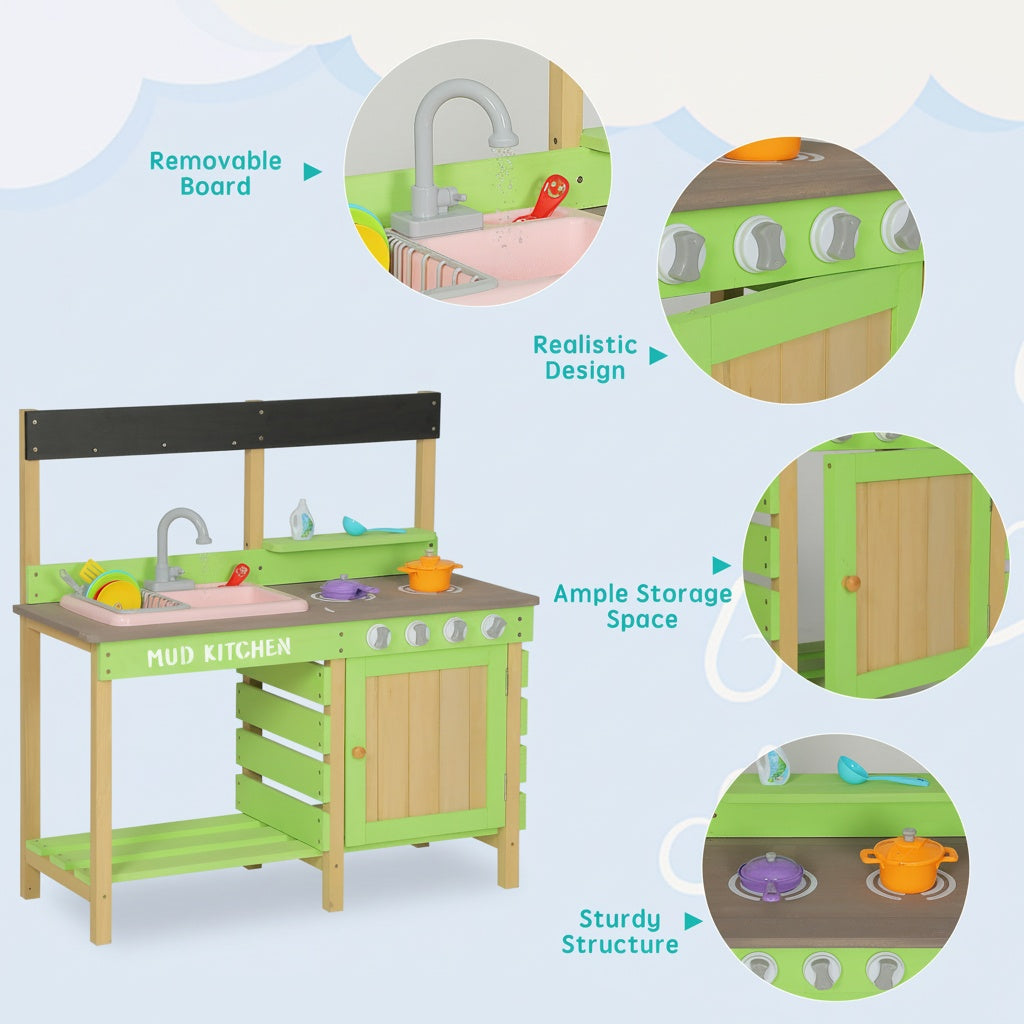 Kids Play Kitchen, Wood Mud Kitchen with Water Play Set & Cooking Toys for Outdoor, Gift for 3~8