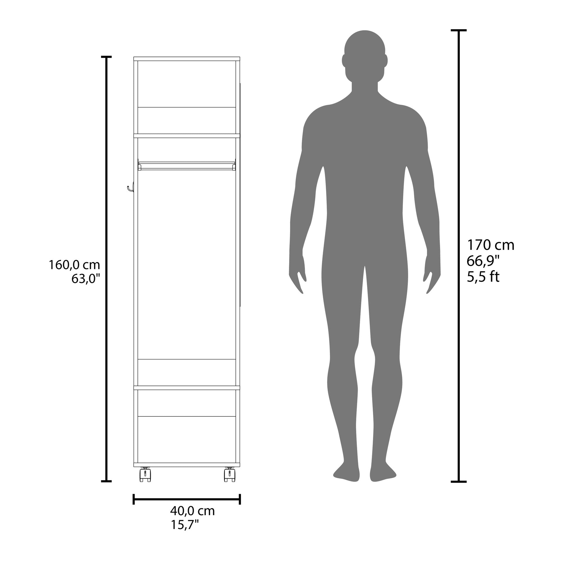 Cluster 63" Tall  Wardrove with Mirror, Three Shelves, Casters and Hanging Rod, Armoire, Bedroom Clothes Storage, Cabinet Organizer White