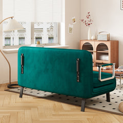 velvet Antique Green 55″ Convertible Chair Bed, Tri-Fold Sofa Bed with Adjustable Backrest & Pillow, Leisure Chaise Lounge Couch with Sturdy Steel Frame for Home & Office, Comfortable Sleeper Chair