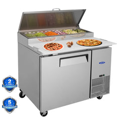 Orikool 44 IN Commercial Pizza Prep Table with a Built-in Refrigerator 11 Cu.Ft, Butcher Block Cutting Board, Protection Lid, Cold Storage, and Smooth-Rolling Casters, ETL Certified