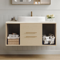 Modern 39.3 Wall-Mounted Bathroom Vanity with Oval Ceramic Sink Floating Vanity Multi-Layer Solid Wood Cabinet Soft-Close Drawers Open Shelf Storage