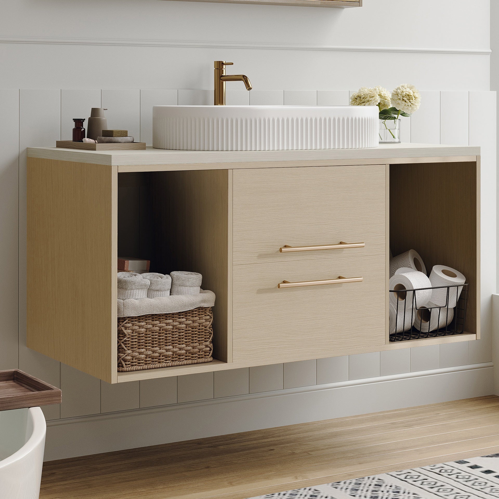 Modern 39.3 Wall-Mounted Bathroom Vanity with Oval Ceramic Sink Floating Vanity Multi-Layer Solid Wood Cabinet Soft-Close Drawers Open Shelf Storage