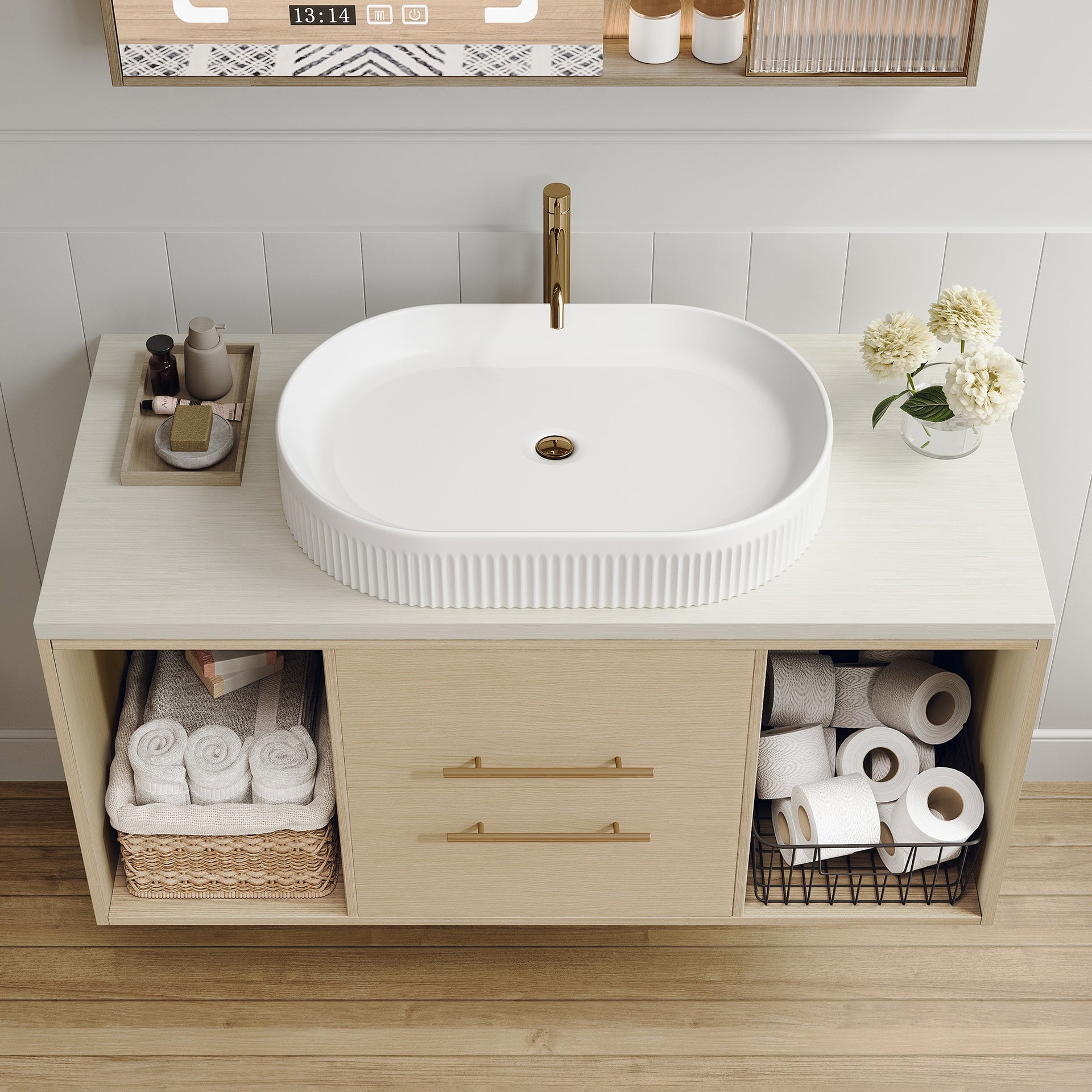 Modern 39.3 Wall-Mounted Bathroom Vanity with Oval Ceramic Sink Floating Vanity Multi-Layer Solid Wood Cabinet Soft-Close Drawers Open Shelf Storage