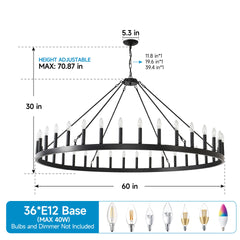 59.1INCH 36-Light Extra Large Wagon Wheel Chandelier, Black Farmhouse Round Wheel Chandelier Light Fixtures Wagon Wheel Chandeliers For Porch High Ceilings Dining Room Living Room,Kitchen, Bedroom-E12