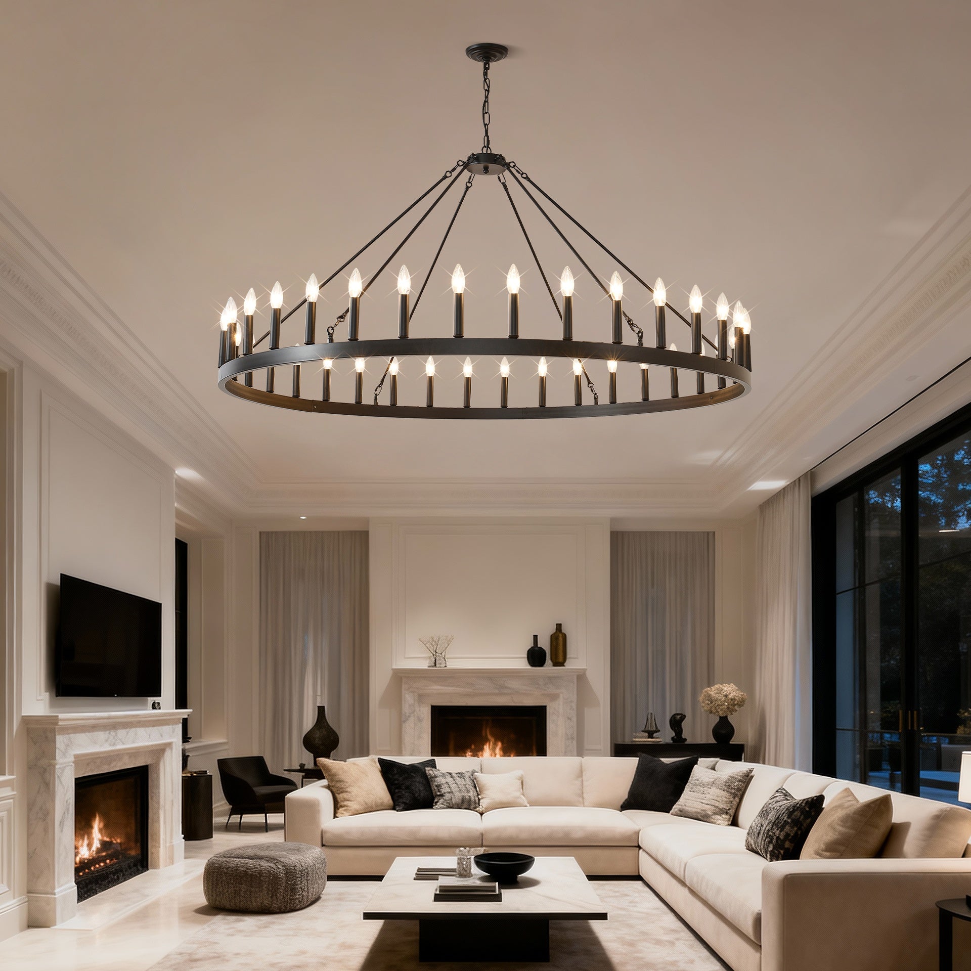 59.1INCH 36-Light Extra Large Wagon Wheel Chandelier, Black Farmhouse Round Wheel Chandelier Light Fixtures Wagon Wheel Chandeliers For Porch High Ceilings Dining Room Living Room,Kitchen, Bedroom-E12