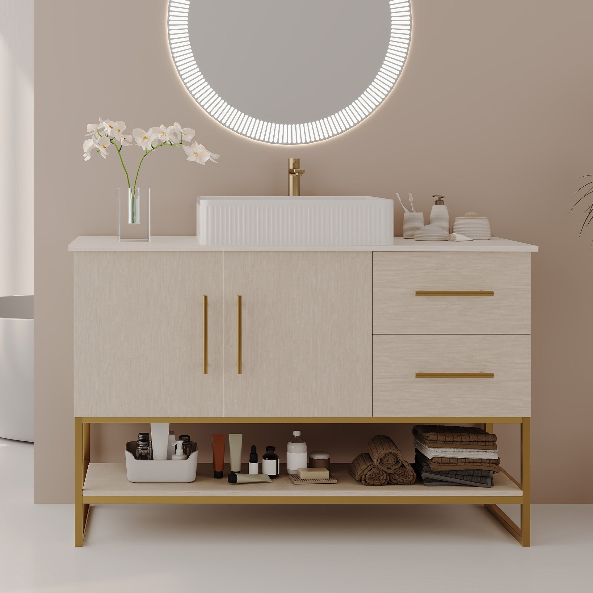 47.2" Modern Bathroom Vanity with Ceramic Vessel Sink, Gold Accent Free Standing Cabinet