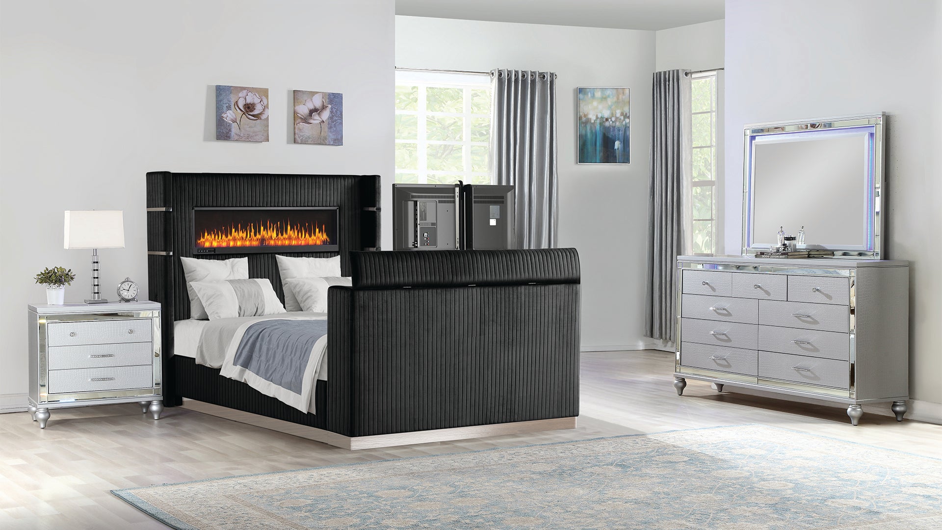 Lavish Modern Style 4 Pc Queen Bedroom Set Made with Fireplace in Headboard & TV stand in Footboard with Wood in Black(NJ INVENTORY)