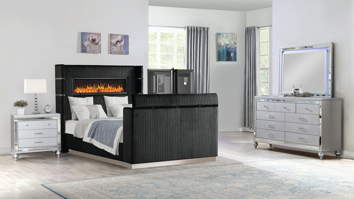 Lavish Modern Style 4 Pc Queen Bedroom Set Made with Fireplace in Headboard & TV stand in Footboard with Wood in Black(NJ INVENTORY)