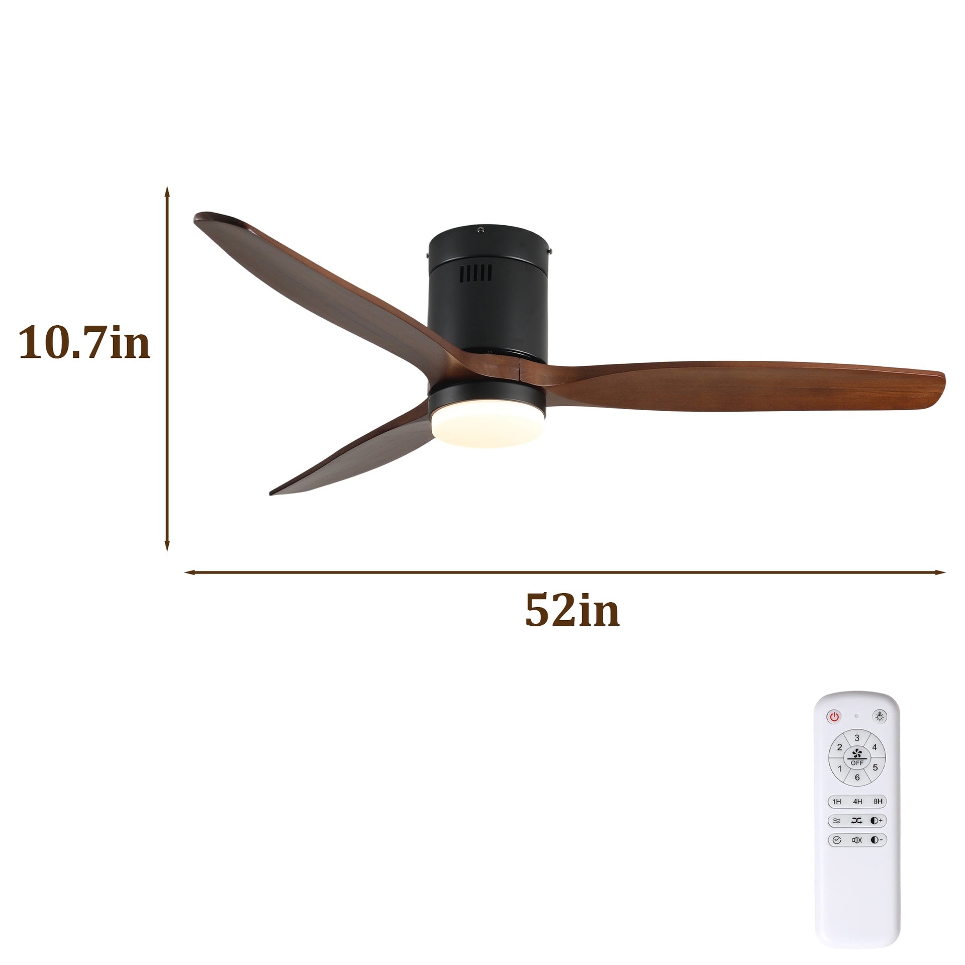 52 Inch Ceiling Fan with Light, 3 Dark Walnut Solid Wood Blades,Remote Control,6-speed Reversible DC Motor for Bed Room,Dining Room,Living Room.