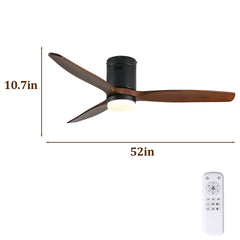 52 Inch Ceiling Fan with Light, 3 Dark Walnut Solid Wood Blades,Remote Control,6-speed Reversible DC Motor for Bed Room,Dining Room,Living Room.