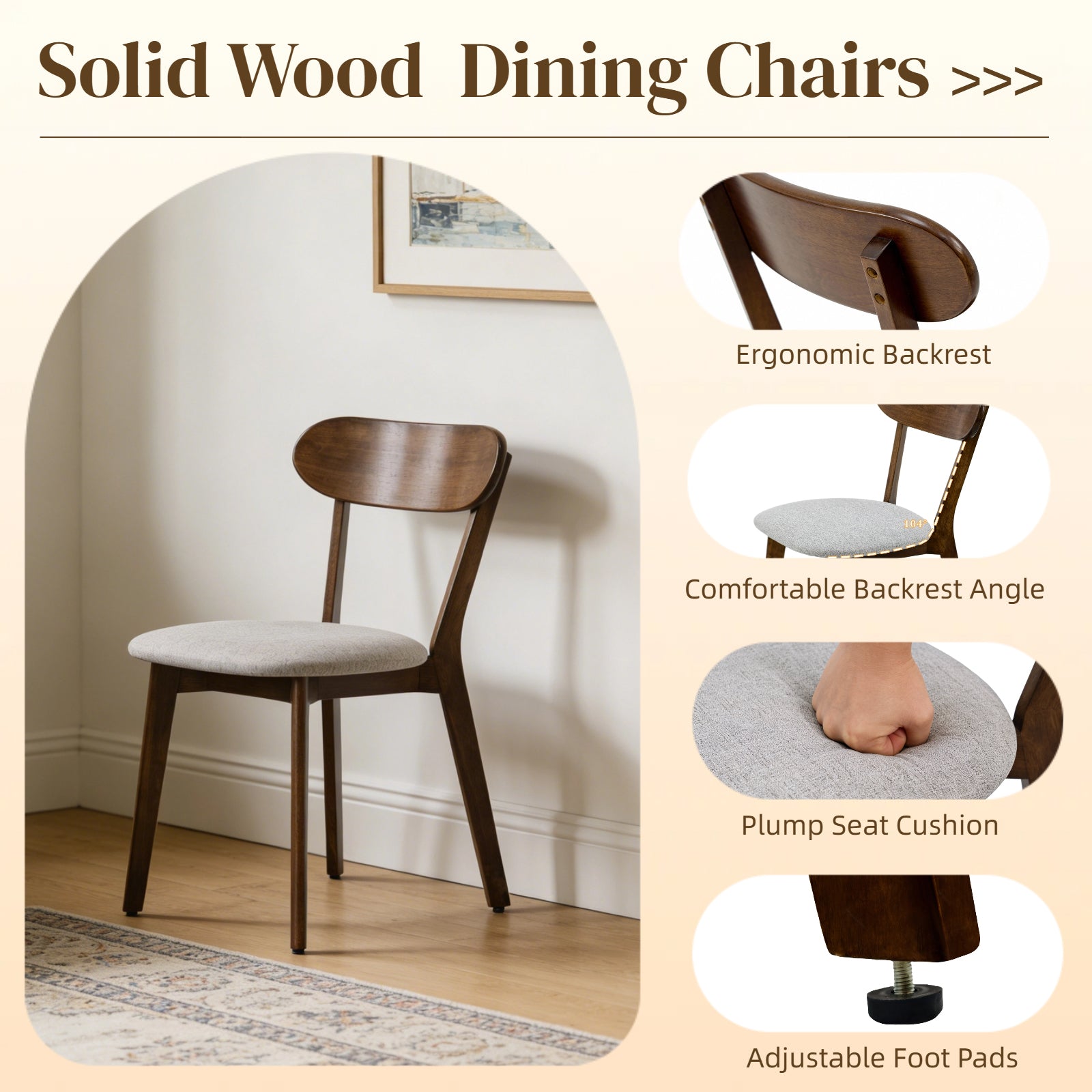 Solid Wood Dining Chairs Set of 2,Mid Century Modern Dining Chairs with Upholstered,Kitchen Chair with Curved Backrest & Adjustable Foot Pads for Dining Room,Kitchen,Living Room(Walnut, Gray Cushion)